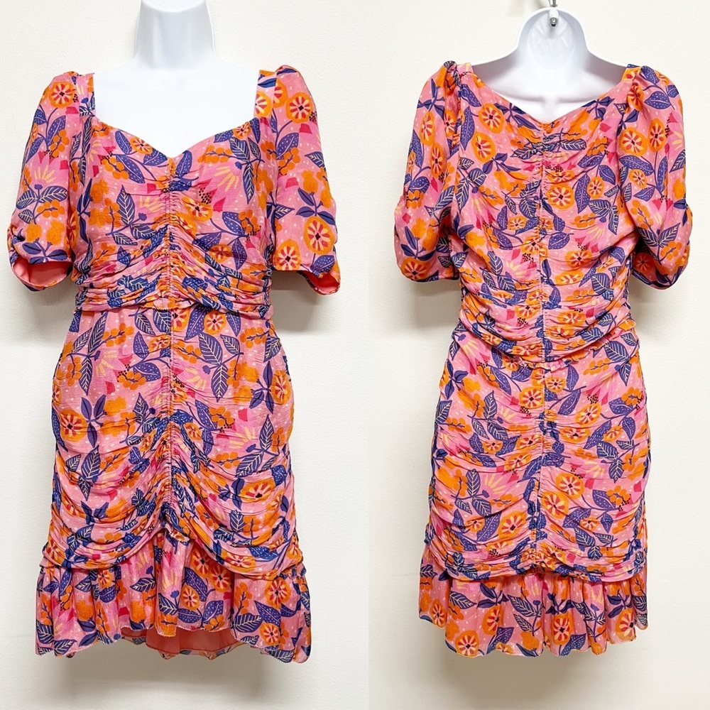 SAYLOR Womens Pink Floral Ruched Puff Sleeve Ruffle Joelene Mini Dress Size L